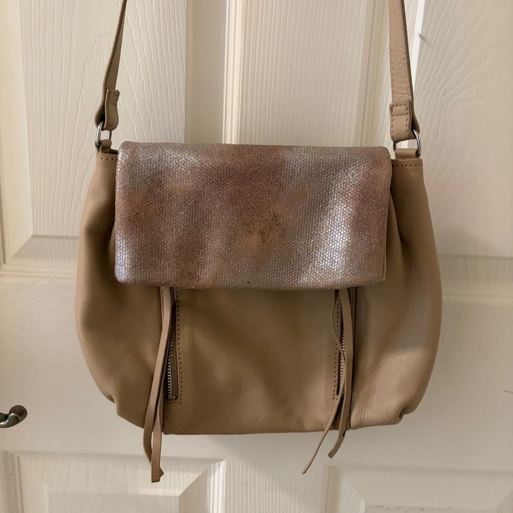 Vince Camuto Taupe Leather Crossbody Bag Metallic Flap Double Zip Pockets